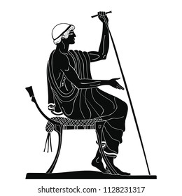 Ancient Greek man sits on a chair with a staff in his hand, speaks and gestures. Isolated black drawing on a white background.