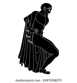 Ancient Greek man in a squatting position. Ethnic vase painting style. Black and white silhouette.