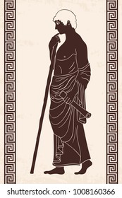 Ancient Greek man stands in profile with a staff and a paryrus in the arms. Vector image stylized as an antique painting.