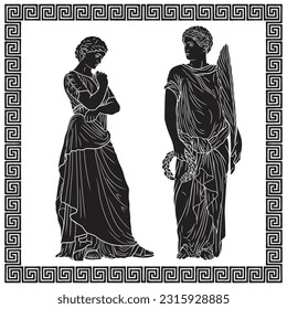 An ancient Greek man in a tunic stands and holds a laurel wreath and a palm branch in his hands and looks at the woman. Male and female figures isolated on white background