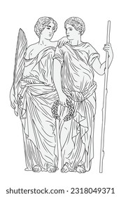 An ancient Greek man in a tunic stands and holds a laurel wreath in his hands and looks at the woman with a palm branch. Male and female figures isolated on white background