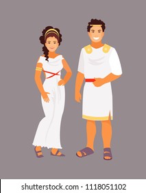 Ancient Greek Man And Woman In Traditional Clothes. Vector Illustration