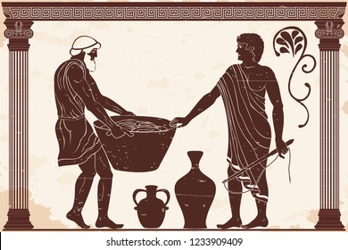 Ancient Greek mans. Manager at the household yard and his slave with a heavy basket in his hands. Figure on a beige background with the aging effect.