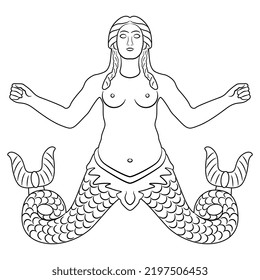 Ancient Greek marine goddess Scylla. Antique mermaid woman with two fish tails. Black and white linear silhouette.