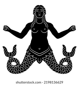 Ancient Greek marine goddess Scylla. Antique mermaid woman with two fish tails. Black and white negative silhouette.