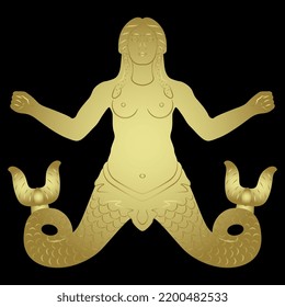 Ancient Greek marine goddess Scylla. Antique mermaid woman with two fish tails. Golden glossy silhouette on black background.