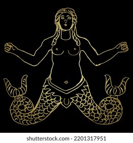 Ancient Greek marine goddess Scylla. Antique mermaid woman with two fish tails. Golden silhouette on black background. Hand drawn doodle sketch.