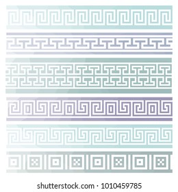 Ancient Greek meander border vectors in blue watercolor background. Continuous motif, geometric bars. 