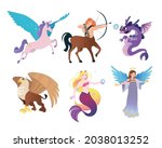 Ancient Greek monsters flat vector illustrations set. Mythical creature characters, centaur, Pegasus, mermaid, dragon, angel, griffin isolated on white background. Mythology, magic, fantasy concept