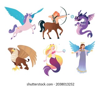 Ilustraciones vectoriales planas de antiguos monstruos griegos. Personajes de criatura mítica, centaur, Pegasus, sirena, dragón, ángel, ataúd aislados en fondo blanco. Mitología, magia, concepto de fantasía