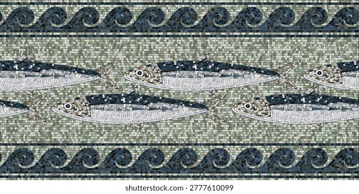 Ancient Greek mosaic seamless pattern with sardines. Vector antique Roman floor ornament featuring fish and blue sea waves for Mediterranean interior and heritage design.