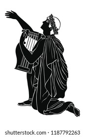 Ancient Greek musician with a lyre and a wreath kneels, hands out and calls the muse.