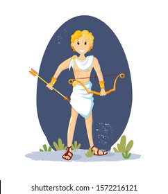 Ancient greek mythological god Apollo. Apollo, the god of sunlight, athletic man with a bow and golden arrows, and golden hair vector cartoon illustration