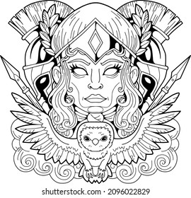 ancient greek mythological goddess Athena, outline illustration, design