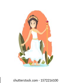 Ancient greek mythological goddess Hera. Greek goddess of Olympus, patroness of marriage and conjugal love with staff in one hand vector cartoon illustration