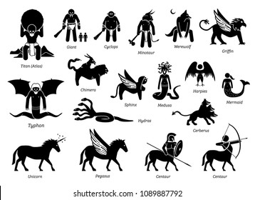 Ancient Greek Mythology Monsters And Creatures Characters Icon Set