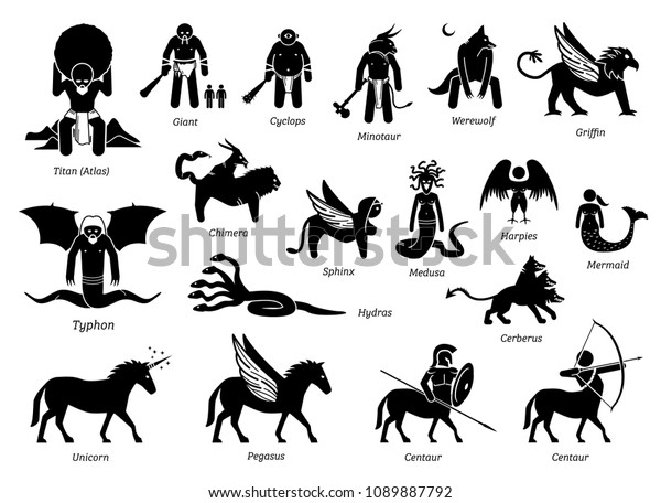 Ancient Greek Mythology Monsters and Creatures Characters Icon Set