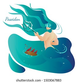 Ancient Greek Mythology Sea God Poseidon, Olympian Legendary Hero. Athlete Deity Holding Trident Standing to Waist in Raging Ocean Water Sinking Ship. Myth Greece Cartoon Flat Vector Illustration