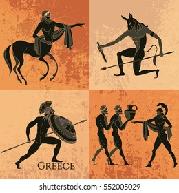 Ancient Greek mythology set. Ancient Greece scene. Black figure pottery. Minotaur, gods, hero, mythology 