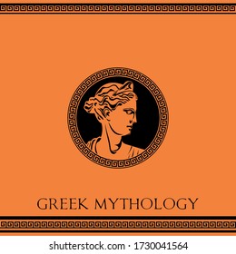 Ancient greek mythology vector illustration portrait of woman Goddess with native ornament. Isolated traditional black figure pottery. Beauty salon logo, book, poster, restaurant, cafe, brand apparel