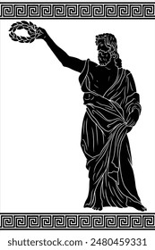 An ancient Greek old man with a beard in a tunic stands and holds a laurel wreath in his hand. Figure isolated on white background