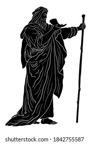 Ancient Greek old man in a cloak with a staff and a horn in his hands.