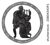 An ancient Greek old man musician with a harp in his hands plays a melody on the strings.