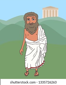 ancient greek old man on Greece background, vector cartoon portrait of historic character in traditional clothing