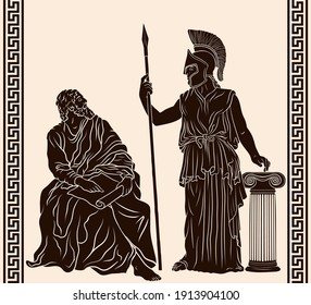 Ancient Greek old man philosopher sage sits with papyrus in his hands and goddess Pallas Athena in a helmet with a spear in her hand stands next to the column.