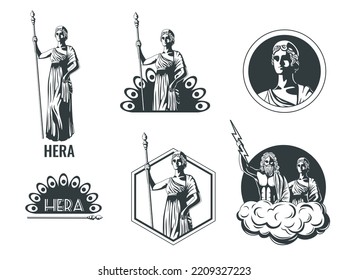 Ancient greek olympian goddess hera flat isolated emblems set against white background vector illustration