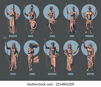 Ancient greek olympian gods and goddesses with names flat color set isolated vector illustration