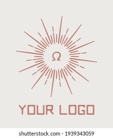 Ancient greek omega letter with sunbursts vector logo, logotype, emblem, symbol. Hand drawn vector illustration, linear style, line drawing.