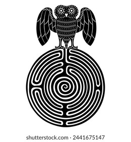 Ancient Greek owl with open wings standing on a round spiral maze or labyrinth symbol. Creative concept. Black and white silhouette.