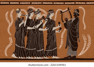 Ancient Greek painting on dishes. Antique musicians with musical instruments play music svg