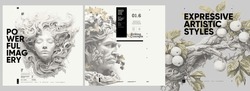 Ancient Greek Painting And Sculpture. Antique Bust, Branches With Foliage And Vines. Typography Poster Design And Vectorized Watercolor Paintings On A Background.