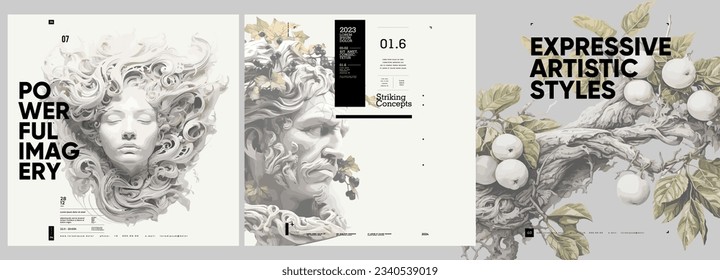 Ancient Greek painting and sculpture. Antique bust, branches with foliage and vines. Typography poster design and vectorized watercolor paintings on a background.