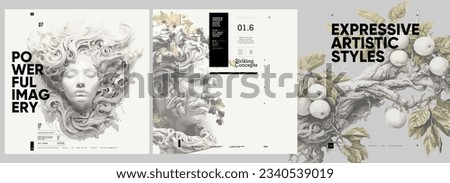 Ancient Greek painting and sculpture. Antique bust, branches with foliage and vines. Typography poster design and vectorized watercolor paintings on a background. Stockfoto © 