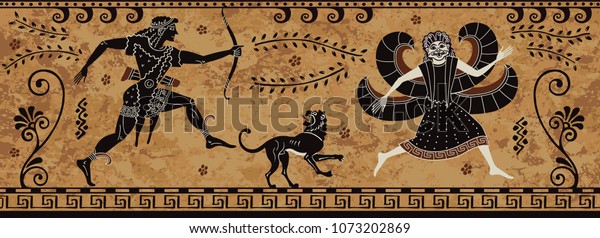 Ancient greek painting.Pottery art.Stylized ancient greek background. Mediterranean culture.Deities and heros of antique greece.