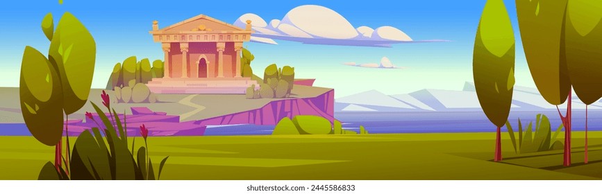 Ancient Greek pantheon building with columns and stairs, green grass and tree on sunny summer day under clouds on blue sky. Roman temple building. Antique civilization or mythology scene