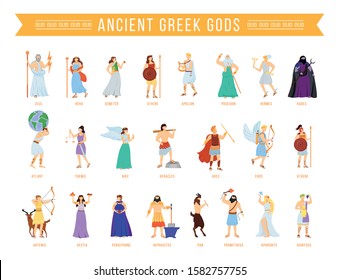 Ancient Greek pantheon gods and goddesses flat vector illustrations set. Titans and heroes. Mythology. Olympian deities. Divine mythological figures. Isolated cartoon characters