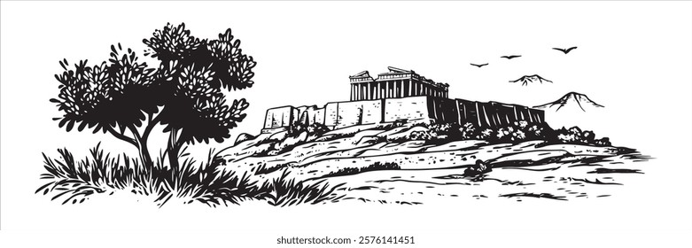 ancient greek parthenon on hill with olive tree in black and white style