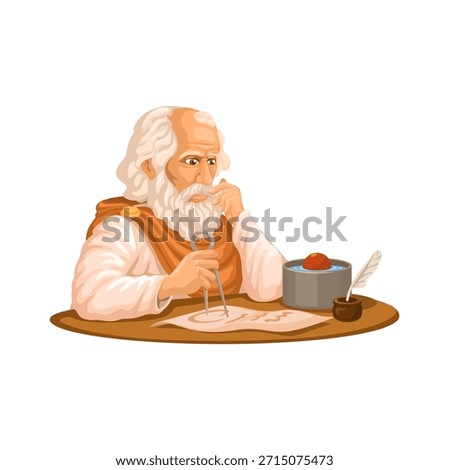 Ancient Greek Philosopher Archimedes Thinking and Writing Illustration Vector Isolated on White Background