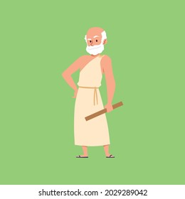 Ancient Greek philosopher male cartoon character wearing toga garment, flat vector illustration isolated on green background. Citizen of ancient Greece.