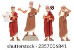 Ancient Greek philosopher person character set. Wise senior cartoon man thinking hard, reading scroll, teaching in different poses. Philosophy, history, wisdom flat vector illustration