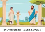 Ancient greek philosopher socrates talking with his young wife in athens garden colored background flat vector illustration