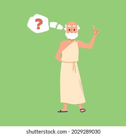 Ancient Greek philosopher or thinker male cartoon character in toga wondering and pondering on philosophy, flat vector illustration isolated on green background.