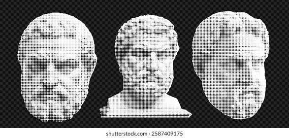 Ancient greek philosophers busts collage with halftone pop art style for artistic designs