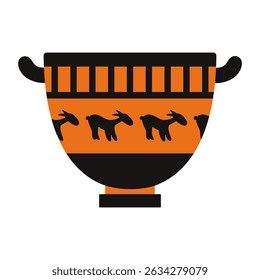 Ancient Greek pottery illustration with a black-figure animal motif and geometric border. Classic amphora shape in orange and black tones, perfect for history, archaeology, and museum themes.