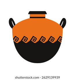 Ancient Greek pottery illustration featuring a rounded vessel with bold black and orange geometric spiral patterns. Suitable for themes related to history, mythology, archaeology, and ancient culture.