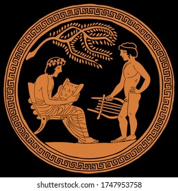 Ancient Greek Pottery Painting. A Young Apprentice Musician With A Harp In His Hands Is Standing In Front Of A Teacher.